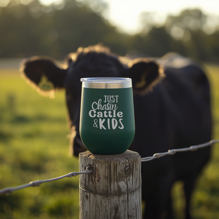 Just Chasin Cattle & Kids - Insulated Stemless Wine Glass
